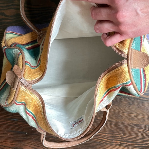 VINTAGE Baja blanket style woven cotton and leather Tote Bag - Picture 7 of 8